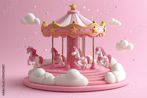 Pink Carousel with Unicorn Horses in a Cloud Setting photo