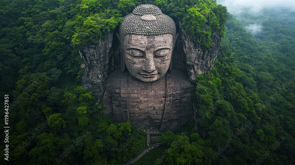 Serene Long-Distance View of Carved Buddha Statue Surrounded by Lush Greenery Serene Long-Distance View of Carved Buddha Statue Surrounded by Lush Greenery