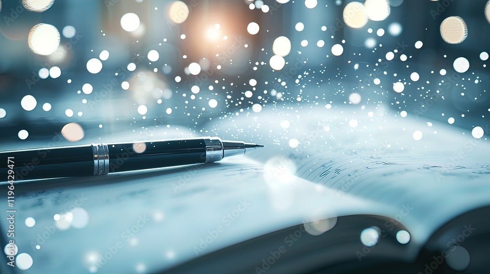 Open notebook with pen, bokeh lights, and snow effect. Open notebook with pen, bokeh lights, and snow effect.