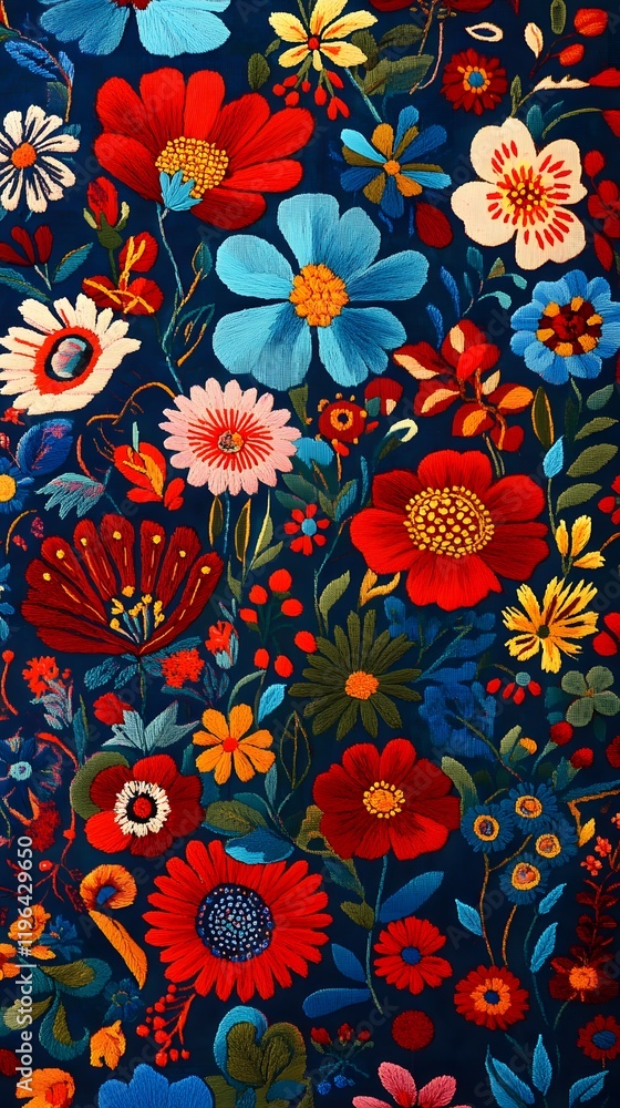 52. A Ukrainian fabric pattern with traditional floral embroidery motifs in vibrant reds, blues, and yellows 52. A Ukrainian fabric pattern with traditional floral embroidery motifs in vibrant reds, blues, and yellows