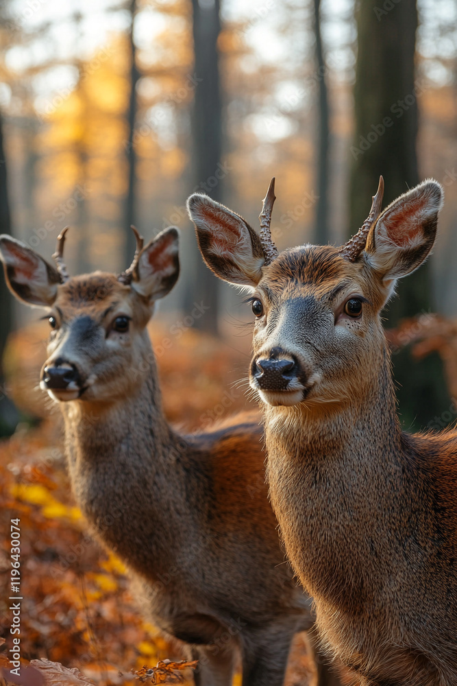 Two young deer in autumn forest setting Two young deer in autumn forest setting
