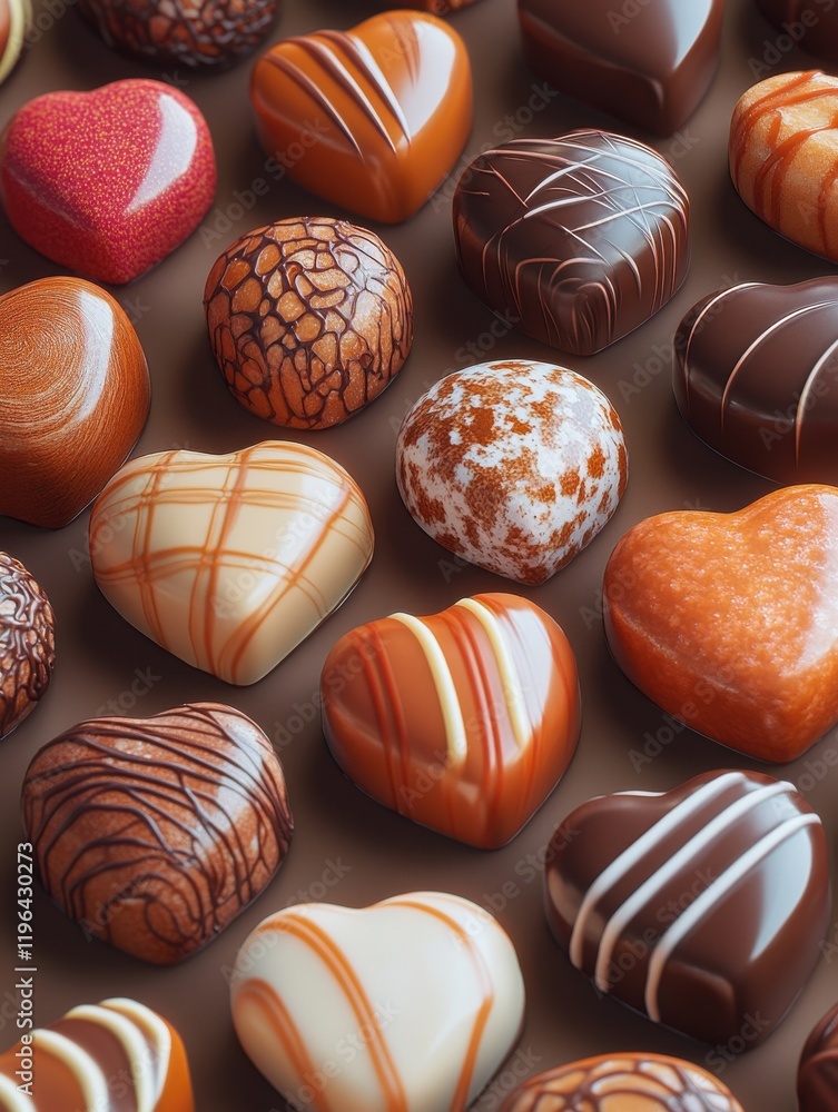 Assorted Heart-Shaped Chocolate Confections Displayed in an Attractive Pattern Perfect for Celebrations and Romantic Gifts in Rich Brown and Creamy Tones Assorted Heart-Shaped Chocolate Confections Displayed in an Attractive Pattern Perfect for Celebrations and Romantic Gifts in Rich Brown and Creamy Tones
