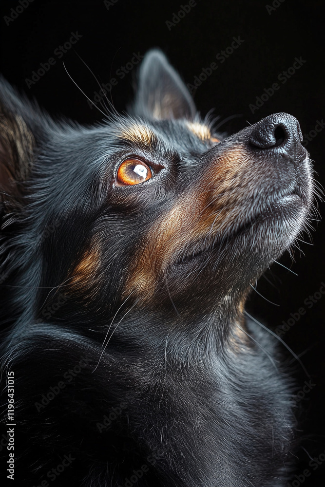 A Black Dog Looks Upward With Amber Eyes A Black Dog Looks Upward With Amber Eyes
