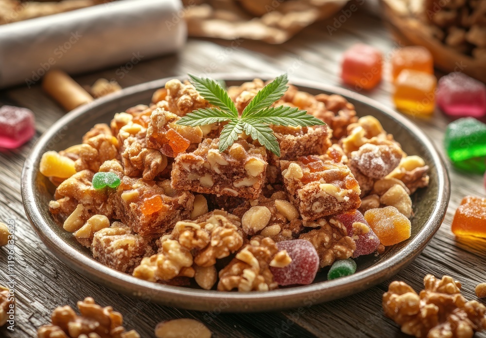Close-Up of Colorful Snack Bowl with Crunchy Treats, Nuts, and Gummies on Wooden Background Surrounded by Natural Elements and Herbs Close-Up of Colorful Snack Bowl with Crunchy Treats, Nuts, and Gummies on Wooden Background Surrounded by Natural Elements and Herbs