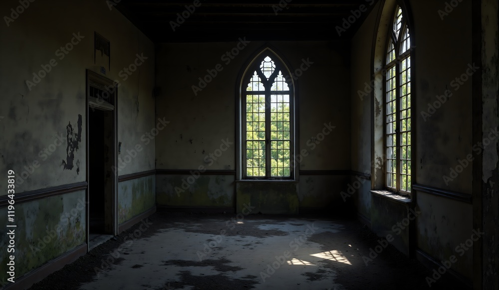 Fototapeta premium An abandoned room with arched windows, stained walls, and a view of lush greenery outside. Light filters softly through the glass.