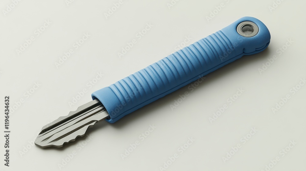 Blue-handled key with ridges and metal blade on neutral background Blue-handled key with ridges and metal blade on neutral background