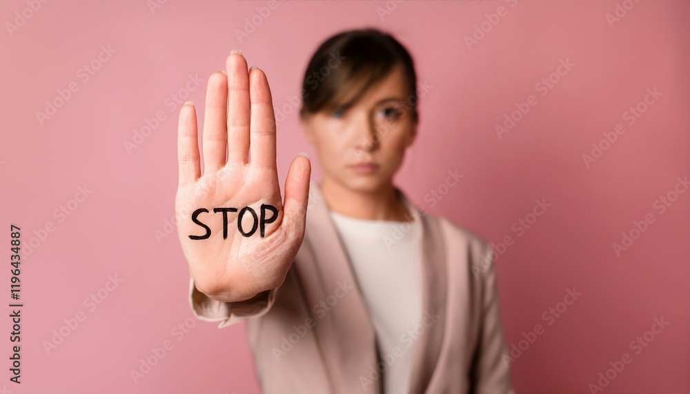 「STOP」と書かれた女性の手のひらのアップ背景シンプル、背景ピンク