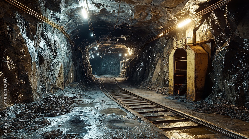 Naklejka premium Underground gold mine shaft tunnel drift with rails