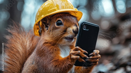 Red squirrel, hardhat, phone, forest, nature, communication, project