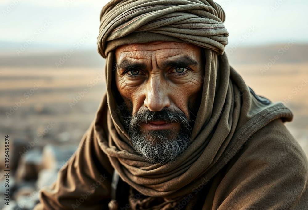 Male nomad portrait with weathered face and piercing eyes Male nomad portrait with weathered face and piercing eyes