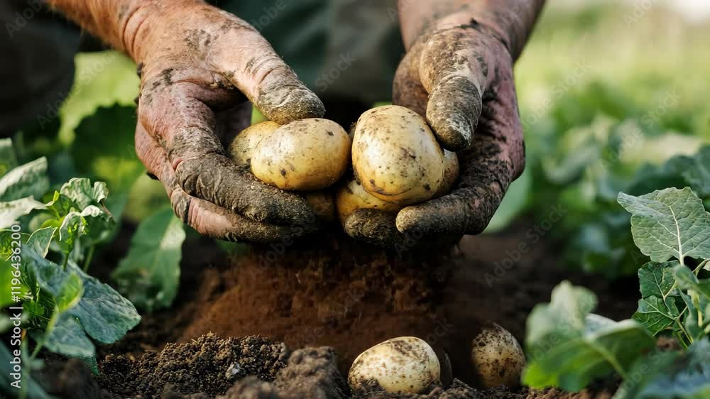 Farmer inspects freshly harvested potatoes in a sunlit field during the autumn season, Farmer inspects his crop of potatoes hands stained with earth Farmer inspects freshly harvested potatoes in a sunlit field during the autumn season, Farmer inspects his crop of potatoes hands stained with earth