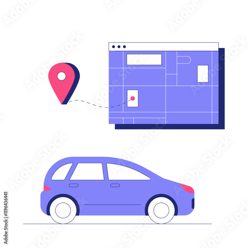 Car And Navigation Pin Next To A Digital Map In Flat Vector Illustration Symbolizing Navigation, GPS, And Travel Planning, Isolated On White Background.
