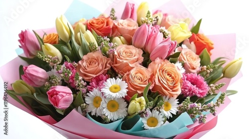 A large, colorful bouquet of roses, daisies, and tulips wrapped in pastel-colored paper for Mother's Day.