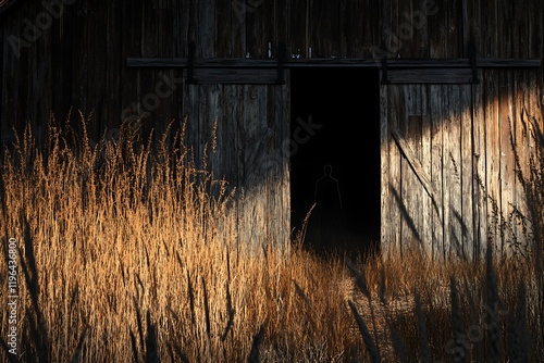 A rustic barn with its doors ajar surrounded by tall grass