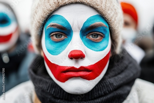 American society identity concept. Clown face with blue and red makeup, wearing a beanie in a crowd.