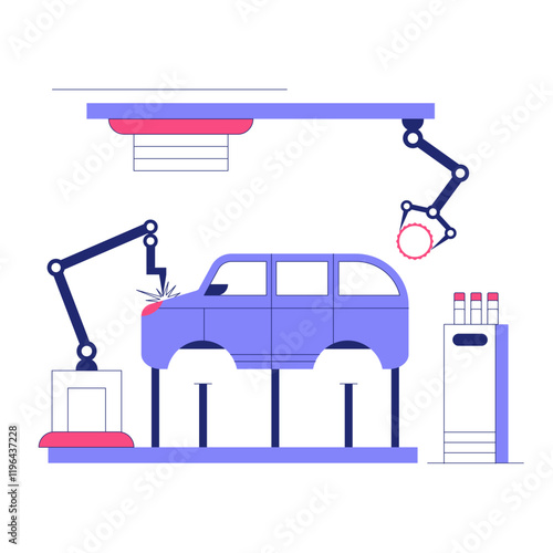 Robotic Arms Working On Car Frame In Flat Vector Illustration Symbolizing Automated Manufacturing, Robotics, And Innovation, Isolated On White Background