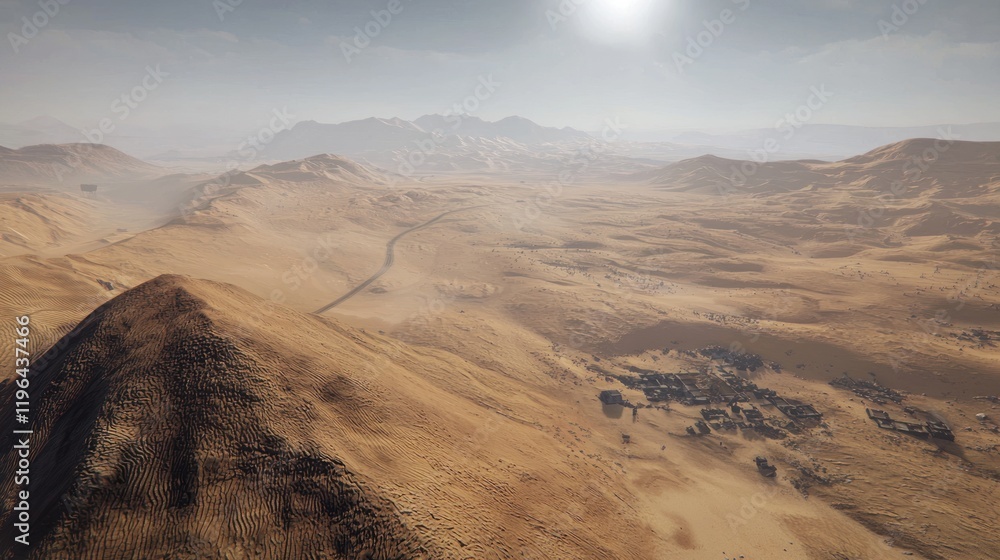 Naklejka premium Aerial view of a vast desert landscape with distant mountains.