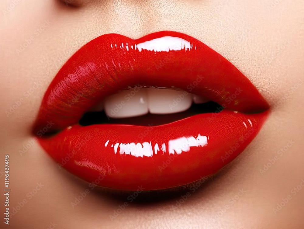 Obraz premium Close-up of vibrant red lips with perfect lipstick application, showcasing beauty in macro detail, ideal for cosmetic and fashion editorial use.