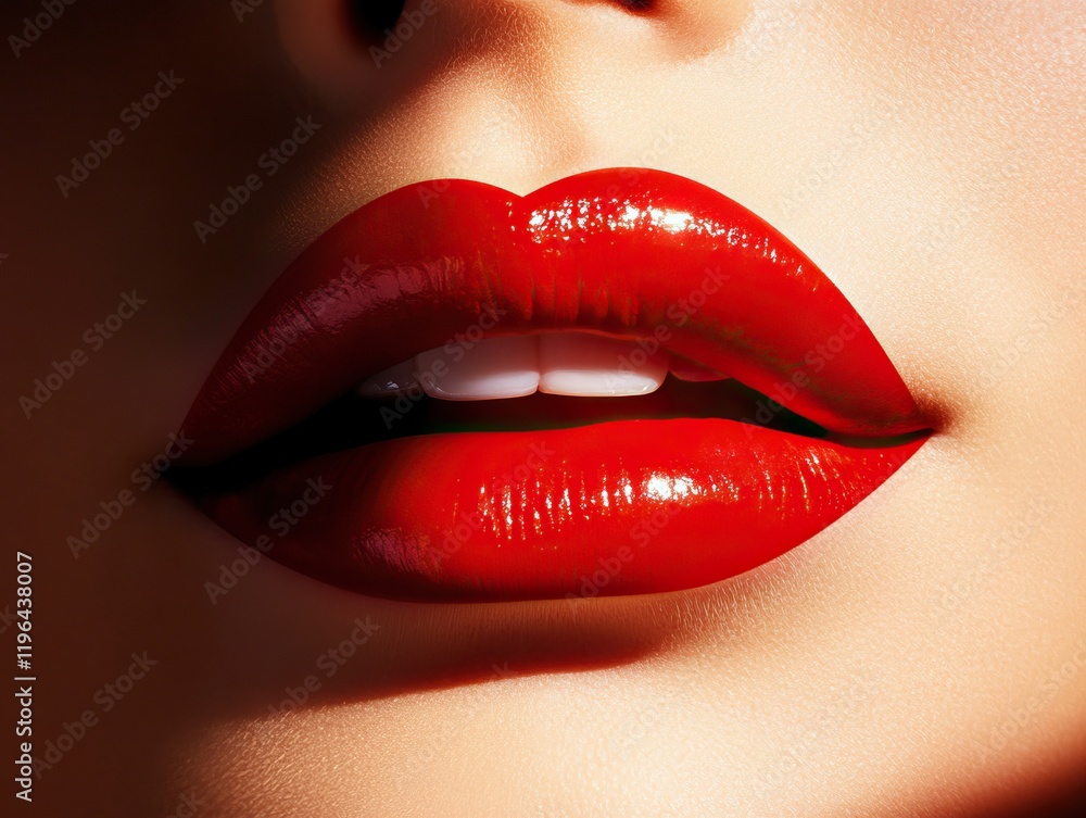 Obraz premium Close-up of vibrant red lips with perfect lipstick application, showcasing beauty in macro detail, ideal for cosmetic and fashion editorial use.