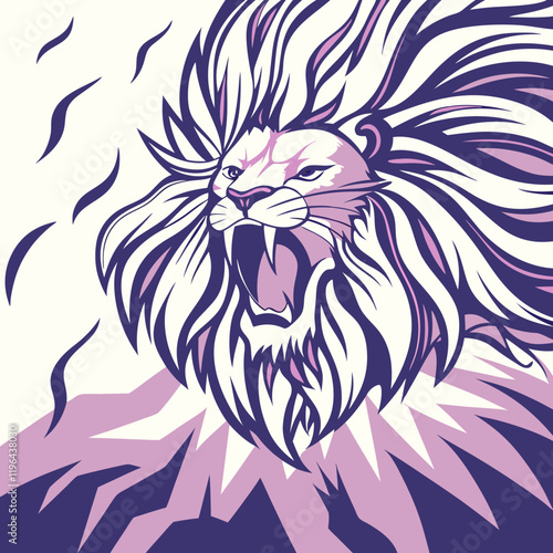 Dynamic roaring lion with a dramatic dust effect around its mane, symbolizing power and movement.