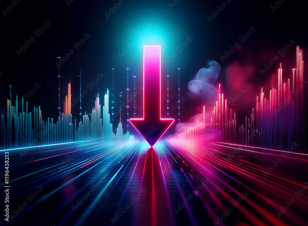A vibrant neon arrow points down, set against a backdrop of dynamic, colorful data graphs and a futuristic, light-streaked road. The image suggests decline or a negative trend. A vibrant neon arrow points down, set against a backdrop of dynamic, colorful data graphs and a futuristic, light-streaked road. The image suggests decline or a negative trend.