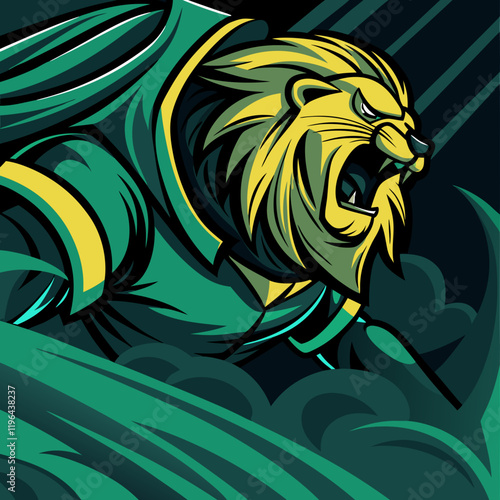 Dynamic roaring lion with a dramatic dust effect around its mane, symbolizing power and movement.