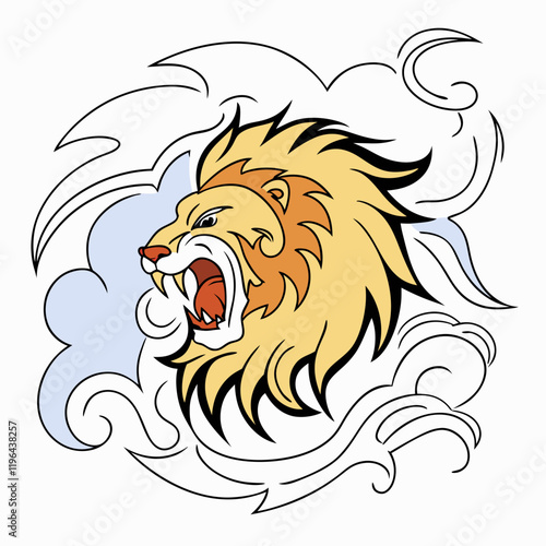 Dynamic roaring lion with a dramatic dust effect around its mane, symbolizing power and movement.