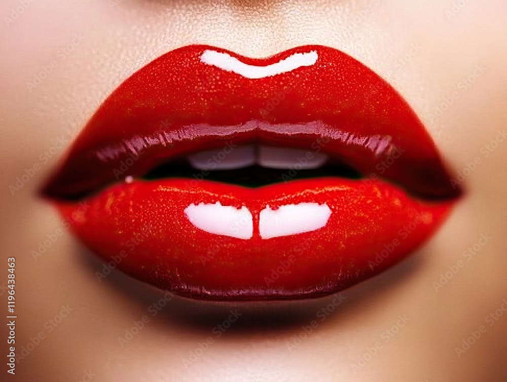 Obraz premium Close-up of vibrant red lips with perfect lipstick application, showcasing beauty in macro detail, ideal for cosmetic and fashion editorial use.
