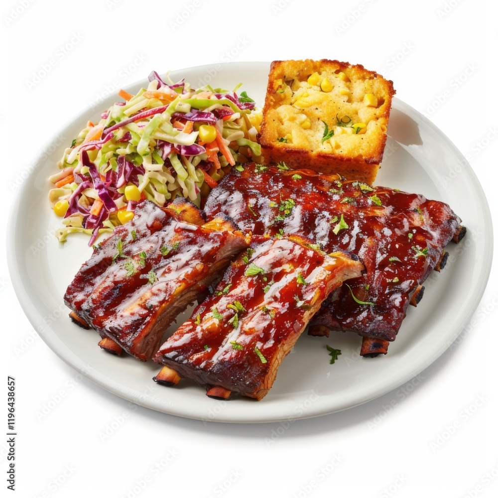A plate of barbecue ribs with coleslaw and cornbread, isolated white background, hyperrealism art style A plate of barbecue ribs with coleslaw and cornbread, isolated white background, hyperrealism art style