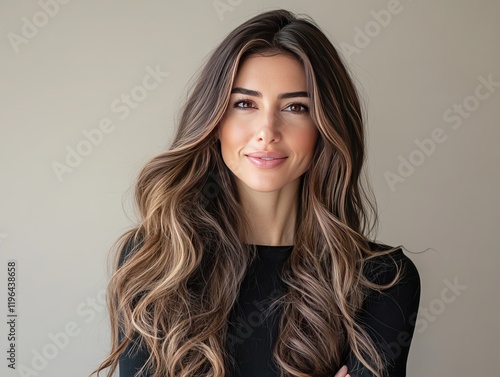 Beautiful woman with long brown hair styled in loose curls and flowing waves, showcasing shiny healthy texture, ideal for detailed award-winning stock editorial photography.