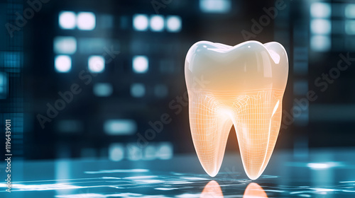 A glowing crystal-like tooth illuminated with warm light and surrounded by a futuristic, abstract digital background. The image symbolizes innovation in dentistry, advanced dental care, and the integr photo