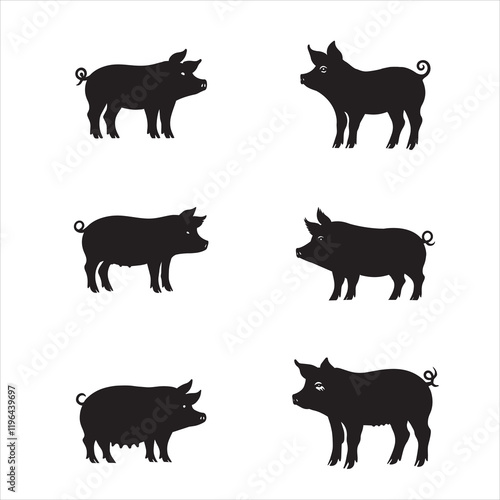 Set of Pig Silhouette vector, swine silhouette illustration, black hog Clipart Design 
