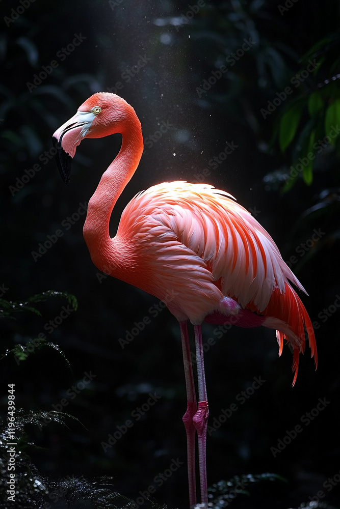 A Pink Flamingo Stands Gracefully In Dark Surroundings A Pink Flamingo Stands Gracefully In Dark Surroundings