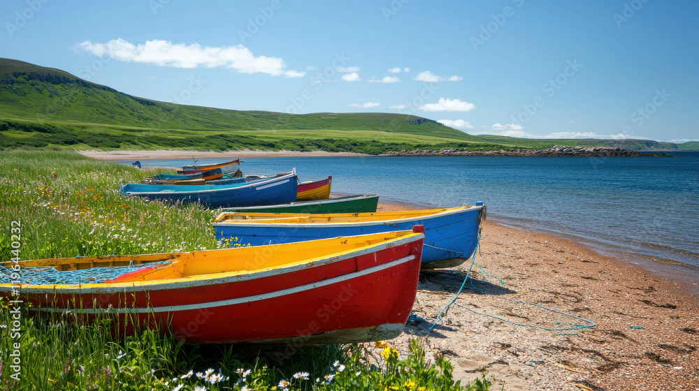 Fototapeta premium Colorful Small Boats on a Sunny Beach with Picturesque Bay and Clear Blue Sky