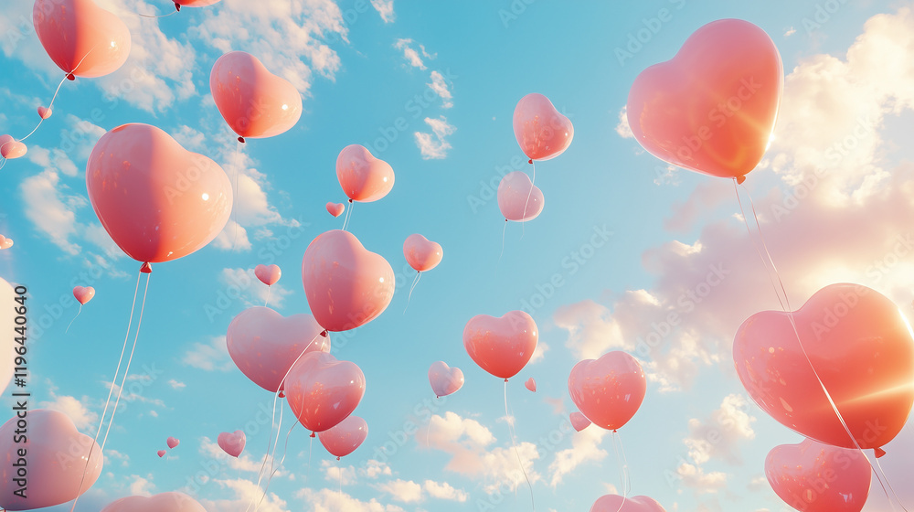 Heart-shaped balloons floating in blue sky with soft clouds Heart-shaped balloons floating in blue sky with soft clouds