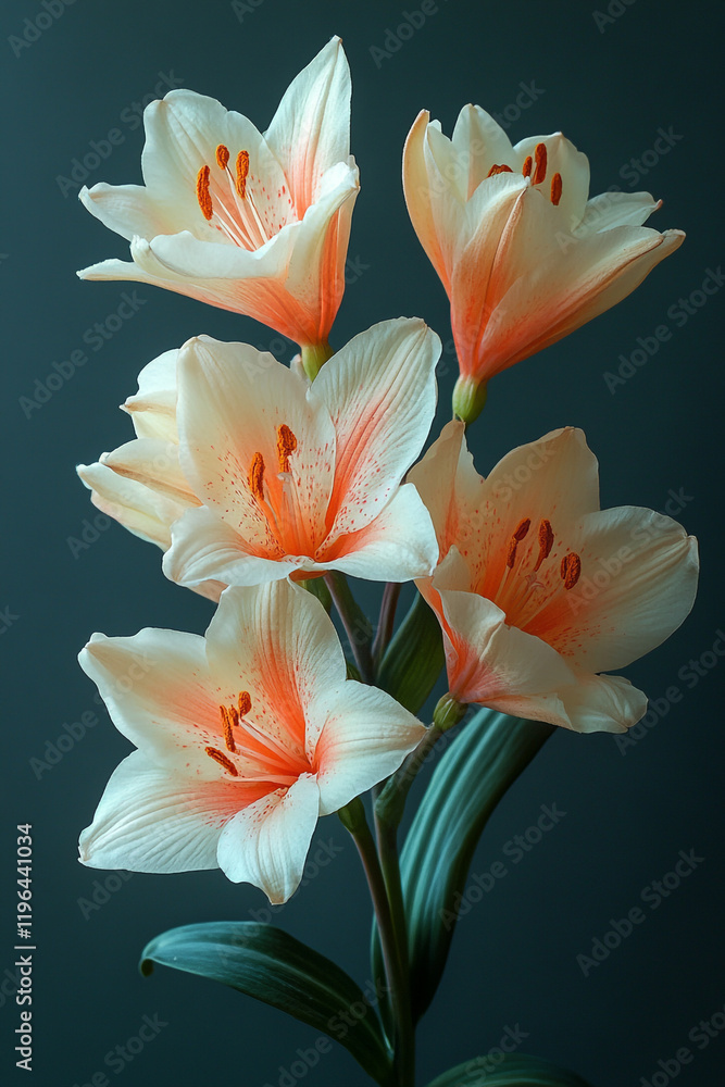 Fototapeta premium Elegant cluster of peach and white lilies against a dark background