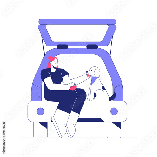 Woman Sitting In Car Trunk With Dog, Flat Vector Illustration Symbolizing Outdoor Activities, Friendship, And Travel, Isolated On White Background