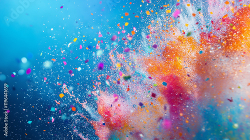 Multi-colored confetti explosion against vibrant blue sky