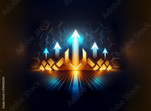 Glowing arrows ascend from a dark, geometric background, symbolizing growth and upward momentum in technology or finance.  The scene is futuristic and vibrant. photo