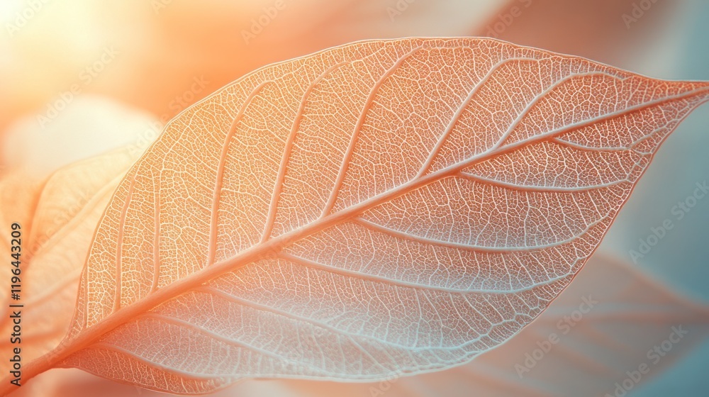 Obraz premium A close-up of a translucent leaf, with its fine veins and intricate texture illuminated by the sun, creating a soft glow that reveals every delicate detail.