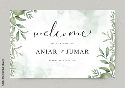 Elegant greenery wedding invitation card welcome sign template