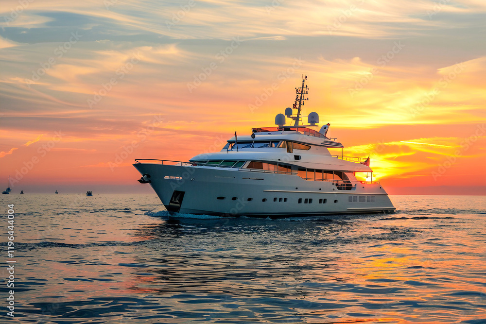 Luxury yacht sailing on calm waters during a vibrant sunset, creating a serene and beautiful scene. Luxury yacht sailing on calm waters during a vibrant sunset, creating a serene and beautiful scene.