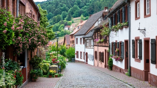 Charming cobblestone street lined with flowers and historic homes.