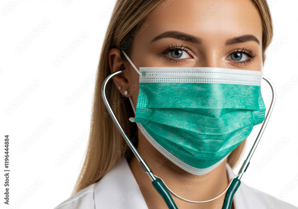 Close-up portrait of a female wearing a surgical mask and stethoscope, isolated on a white background, showcasing a professional and caring expression Close-up portrait of a female wearing a surgical mask and stethoscope, isolated on a white background, showcasing a professional and caring expression