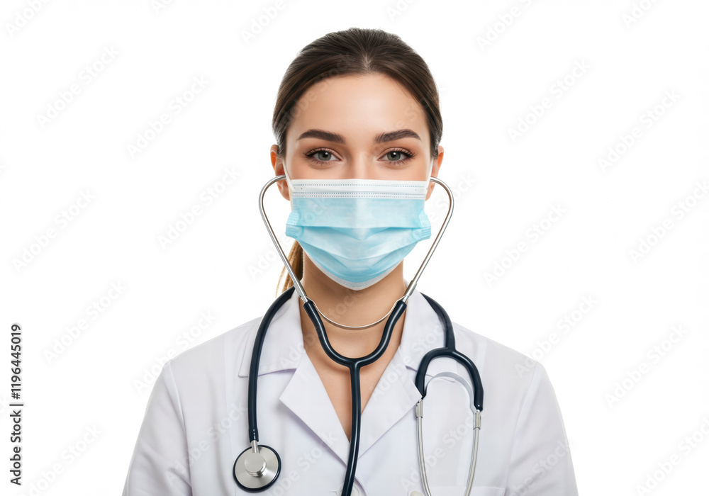Close-up portrait of a female wearing a surgical mask and stethoscope, isolated on a white background, showcasing a professional and caring expression Close-up portrait of a female wearing a surgical mask and stethoscope, isolated on a white background, showcasing a professional and caring expression