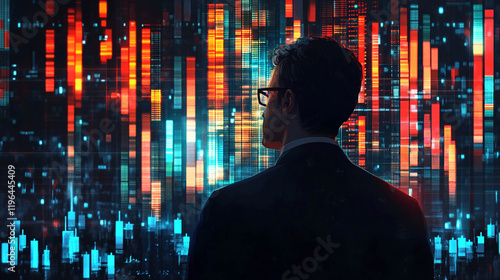 A man in a suit, standing with his back to the viewer and looking at a large screen filled with moving data resembling stock charts or other financial indicators.