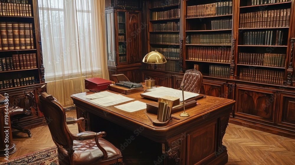 Fototapeta premium A lawyer's office with a large wooden desk, filled with legal papers and books.