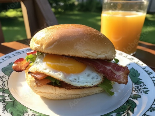 Savoring Breakfast Homemade Fried Egg and Bacon Sandwich with Fresh Orange Juice Kitchen Table Food Photography Morning Delight photo