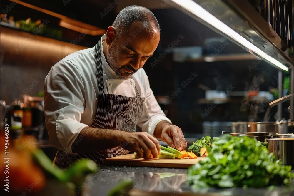 Close-up of a chef slicing fresh vegetables on a wooden cutting board in a modern kitchen Close-up of a chef slicing fresh vegetables on a wooden cutting board in a modern kitchen