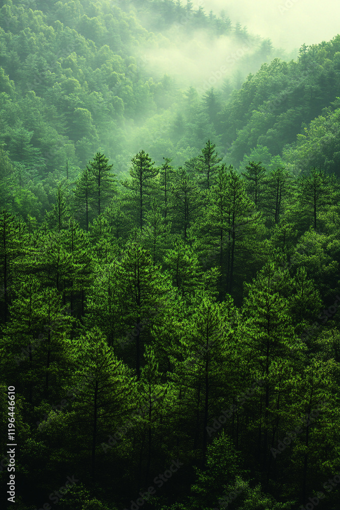 Fototapeta premium Lush Green Forest Landscape Enveloped in Mist
